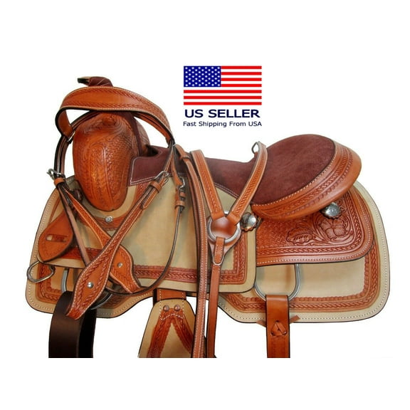 Western Trail Saddle Pleasure Roping Floral Tooled Leather Cowboy Tack 15 16 17 18 With Headstall Breast Collar & Reins | Free Shipping
