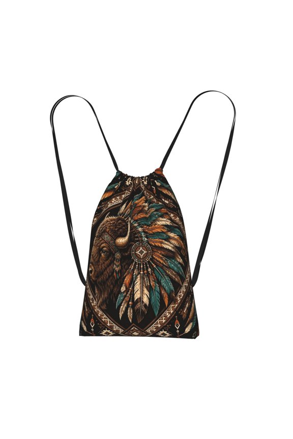 Western Tribal Buffalo Pattern Packable Drawstring Backpack, Lightweight Foldable Cinch Storage Bag for Gym Travel Shopping