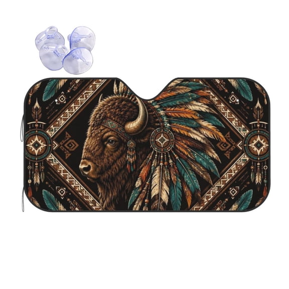 Western Tribal Buffalo Pattern Reflective Car Windshield Sunshade, UV Ray Reflector Sun Visor Universal Fit for SUVs, Trucks, Sedans,M