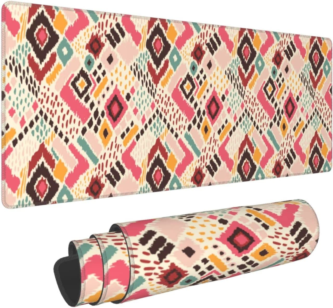 Western Tribal Geometry Gaming Mouse Pad XL, Extended Stitched Edges Mousepad, Large Mouse Mat Desk Pad, Long Non-Slip Rubber Base Mice Pad（31.5x12 Inch）