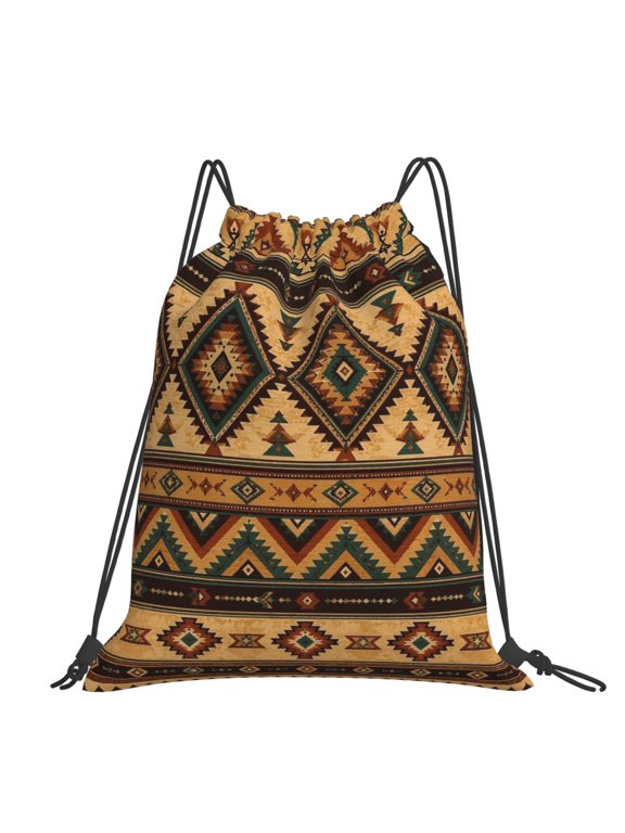 Western Tribal Zigzag Textile Design Large Drawstring Backpack Casual Cinch Sack Bag Backpack for Sports Hiking Travel Gym