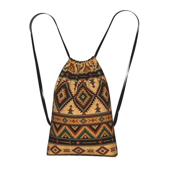 Western Tribal Zigzag Textile Design Packable Drawstring Backpack, Lightweight Foldable Cinch Storage Bag for Gym Travel Shopping