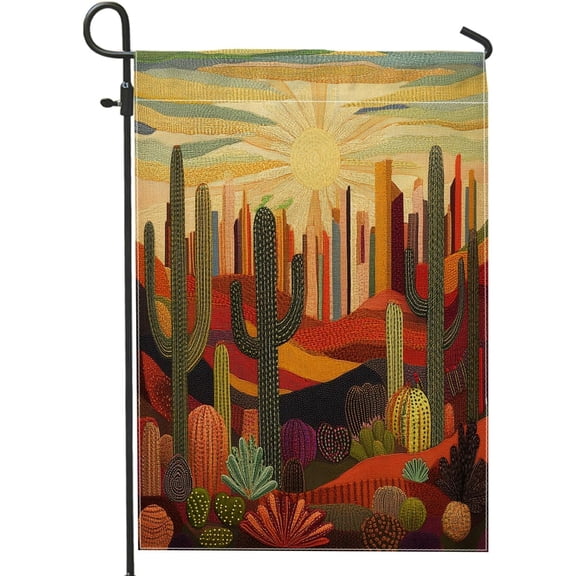 Western Tropical Cactus Garden Flag 12x18 Double Sided Embroidered Succulent Landscape Front Yard Canvas House Flag for Outdoor Lawn and Backyard