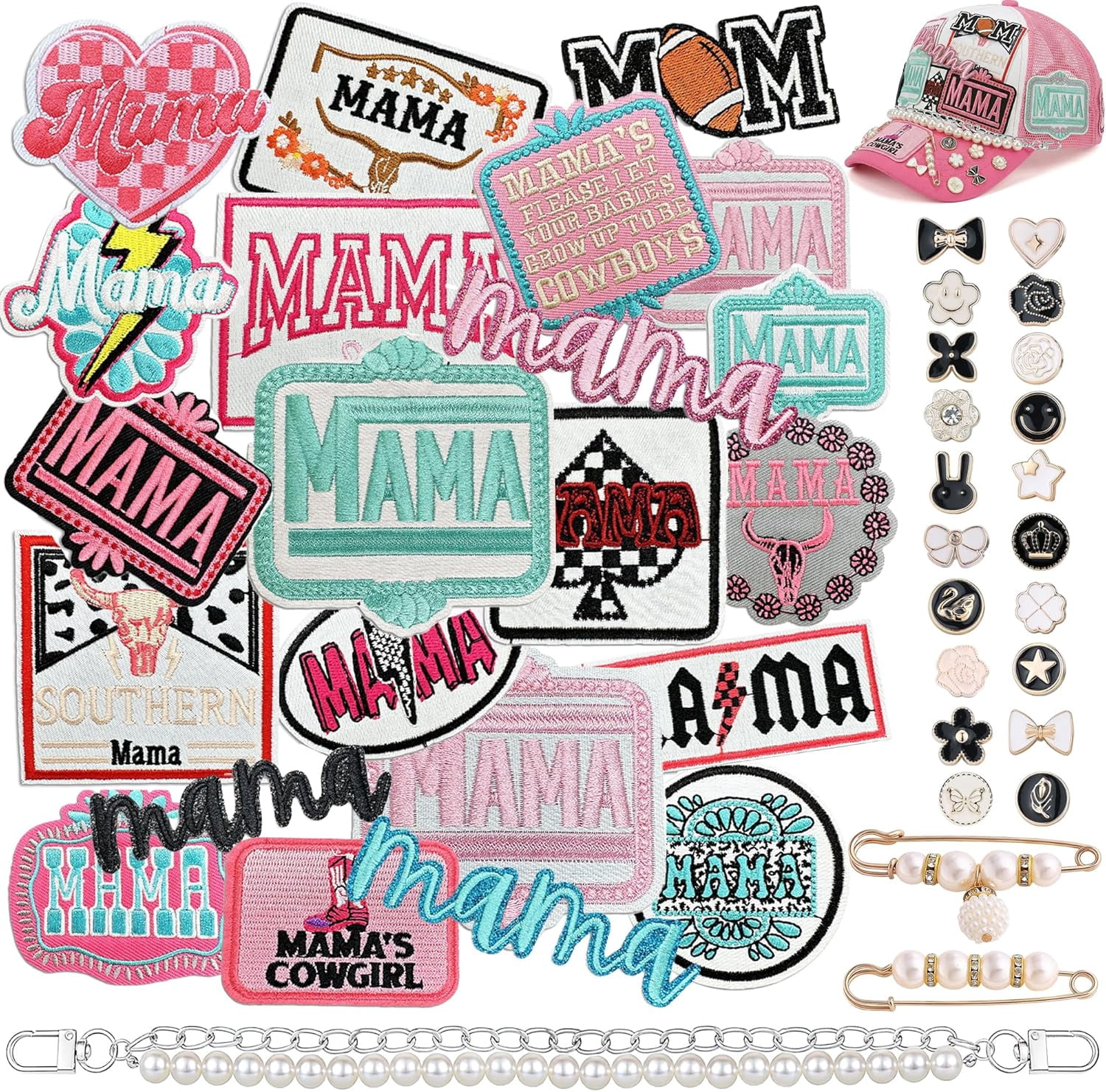Western Trucker Hat Patches Set, 45 Pcs Mother's Day Embroidered Patch Kit for Mama Cowgirls, Iron On Patches for DIY Crafts Clothing Bags Hats Jacket