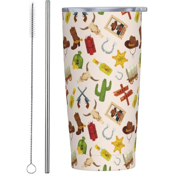 Western Tumbler 20oz Boho Western Stainless Steel Insulated Tumblers with Lid and Straw Beige Travel Coffee Mug Tea Wine Cups Water Bottle Western Gifts for Women