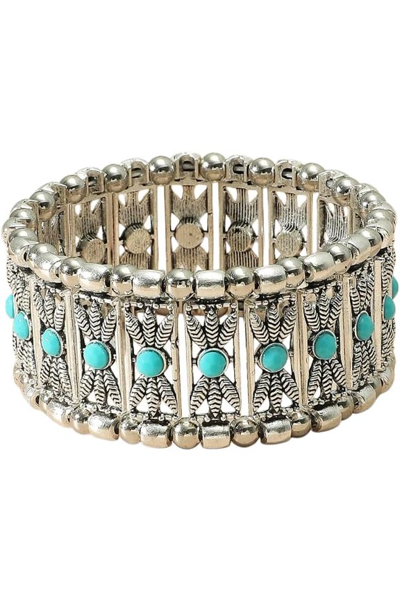 Western Turquoise Bracelets, Boho Vintage Stack Beaded Western Elastic Rodeo Bangles Wide Wristband for Country Concerts, Handmade Cowgirl Outfits Accessories