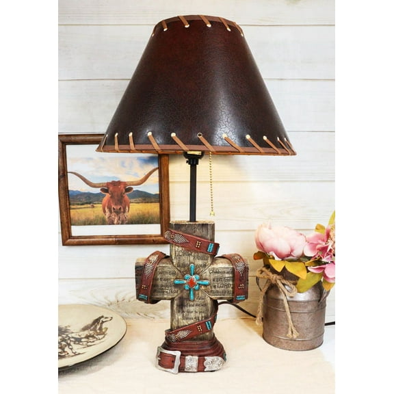 Western Turquoise Faux Distressed Wood Cross Bible Verses Family Side Table Lamp