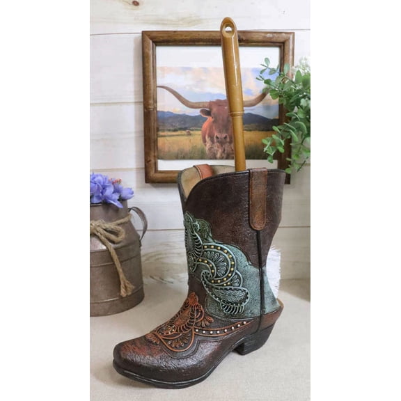 Western Turquoise Floral Tooled Leather Cowboy Boot Toilet Brush And Holder Set