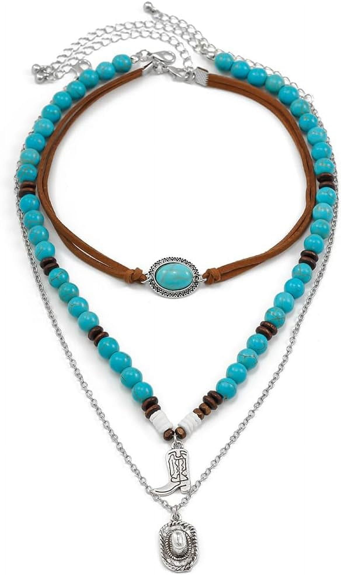Layered Western Necklace Set For Women - Gold, Turquoise Beads, Boho Cowgirl Jewelry