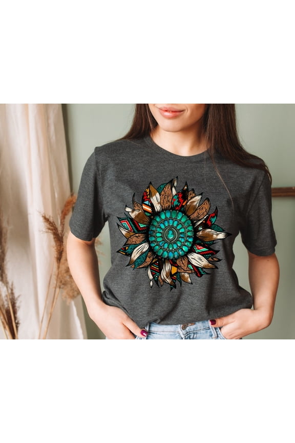 Western Turquoise Leopard Sunflower T Shirt Women's Casual Southwest Country Tshirt All Size S-3Xl