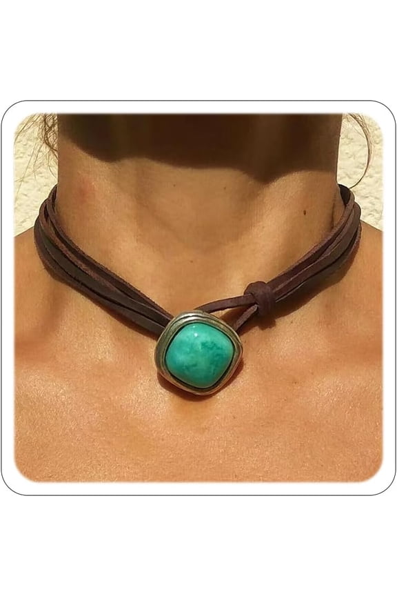 Western Turquoise Necklace for Women Country Concert Outfits Cowboy Chic Bohemian Brown Suede Choker Necklace Boho Wrap Necklaces Jewelry Cowgirl Accessories