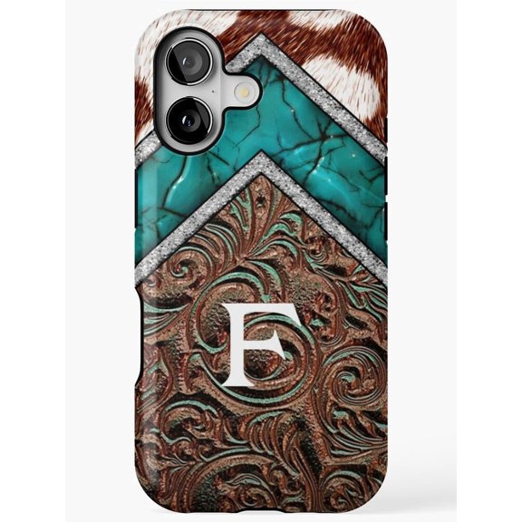 Western Turquoise Stone, Cowhide and Floral Scroll Monogram F Tough Phone Case, Polycarbonate and TPU