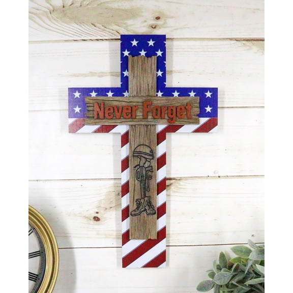 Western USA Flag Hero Fallen Soldier Boot Rifle Helmet Never Forget Wall Cross