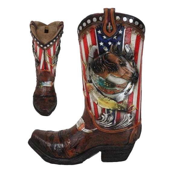 Western USA Flag Horseshoe Southwest Feathers And Horse Cowboy Boot Money Bank