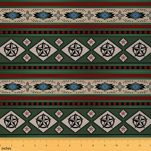 Western Upholstery Fabric,Vintage Tribal Aztec Fabric By The Yard,Exotic Indian Geometry Decorative Fabric,Boho Texas Star Indoor Outdoor Fabric,Red Green,1 Yard