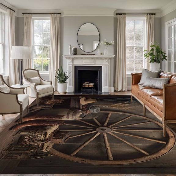 Western Vintage 5'x8' Area Rug for Living Room, Country Cowboy Boots Cow Skulls Retro Washable Non-Slip Rugs for Bedroom Nursery Dining Room, Low-Pile Kitchen Carpet Large Entryway Rugs