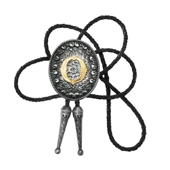 Western Vintage Bolotie with Metal Initial Letter Pendant Braided Leather Cord Necktie Adjustable Necklace for Unisex