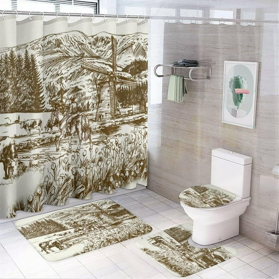 Western Vintage Cowboy 4 Pcs Shower Curtain set Bathroom Set American Cowboy Riding Horses Wild West Desert Shower Mat Shower Curtain with Rug 12 Hooks,72" W x 72" L