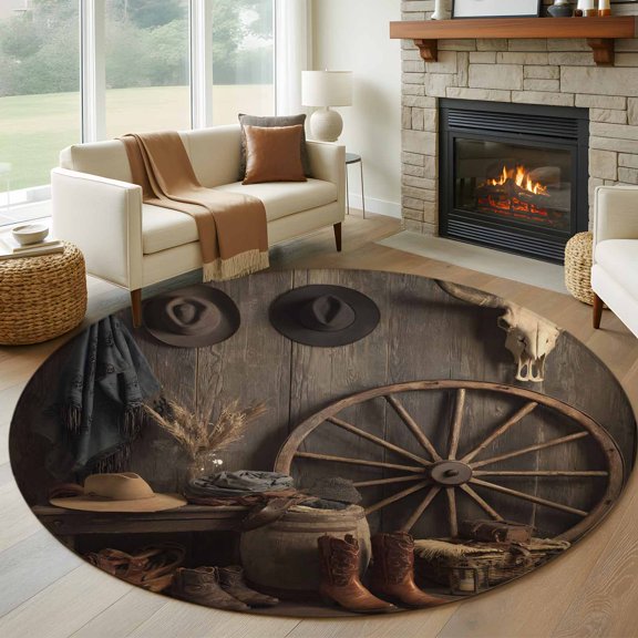 Western Vintage Round Area Rug 6Ft Washable Circle Rugs for Bathroom Office, Country Cowboy Boots Cow Skulls Retro Non-Slip Carpet Floor Mats Indoor Outdoor Carpet Runner Aesthetic Home Decor