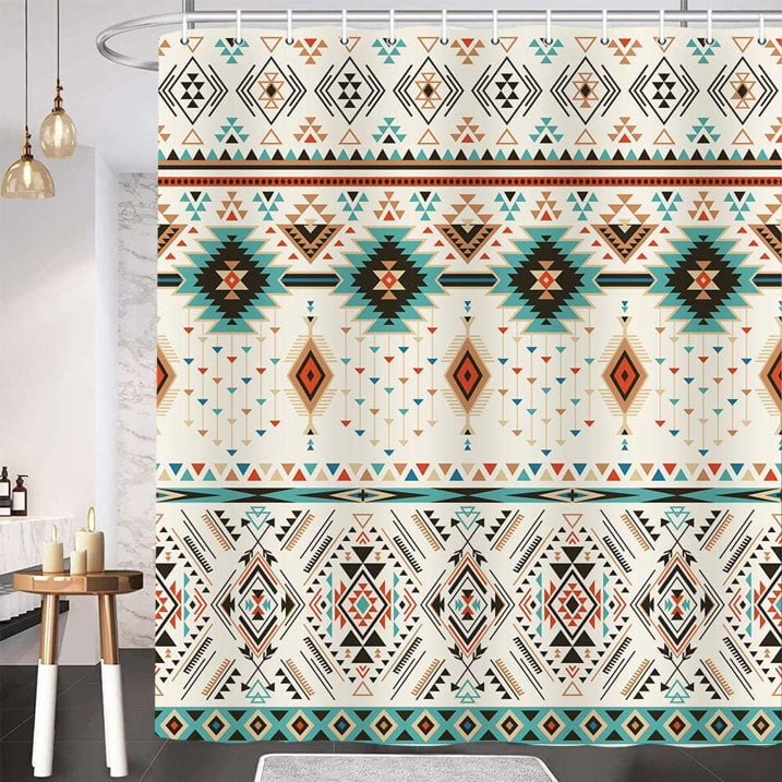 Western Vintage Shower Curtain for Bathroom, Southwestern Tribal Ethnic Abstract Triangular Geometric Waterproof Fabric Bath Curtains Set, Bathroom Decor with Hooks, 72x75in Beige
