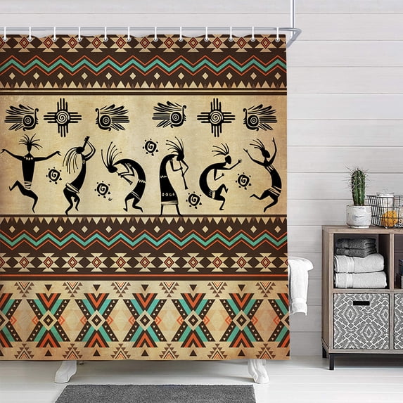 Western Vintage Shower Curtain, Kokopelli Native Southwestern Shower Curtain Aztec Kokopelli Ethnic Pattern Shower Curtain with 12 Hooks, Waterproof American Bathroom Accessories, 48X70in