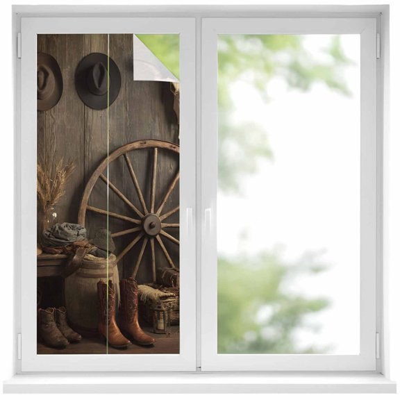 Western Vintage Window Privacy Film, Country Cowboy Boots Cow Skulls Retro Static Cling UV Sun Blocking Heat Control Window Tint Day and Night, Non-Adhesive One Way Privacy Cover 17.7''x39.3''