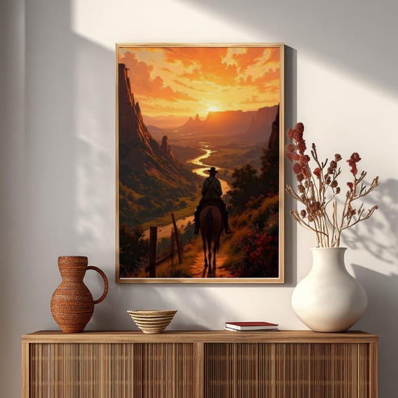 Western Wall Art Cowboy Sunset Print Unframed Canvas 8x10in