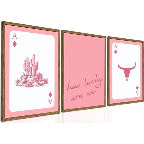 Western Wall Art Set of 3, Blue Cowboy Wall Decor Trendy Southwestern Playing Card Longhorn Bull Skull Poster Canvas Aesthetics Prints for Bedroom Living Room 16x24 inch Wood Framed