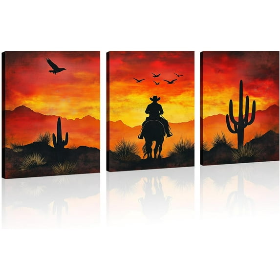 Western Wall Decor Canvas Wall Art 3 Piece Cowboy Picture Desert Cactus Sunset Painting Red Prints Southwest Artwork for Living Room Home Office Decor d(Art-2,11.00"x14.00"x3P)