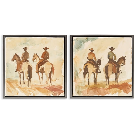 Stupell Industries Western Watercolor Cowboy Pairs 2 Piece Gray Framed Floater Canvas Set, design by Petal Prints Design