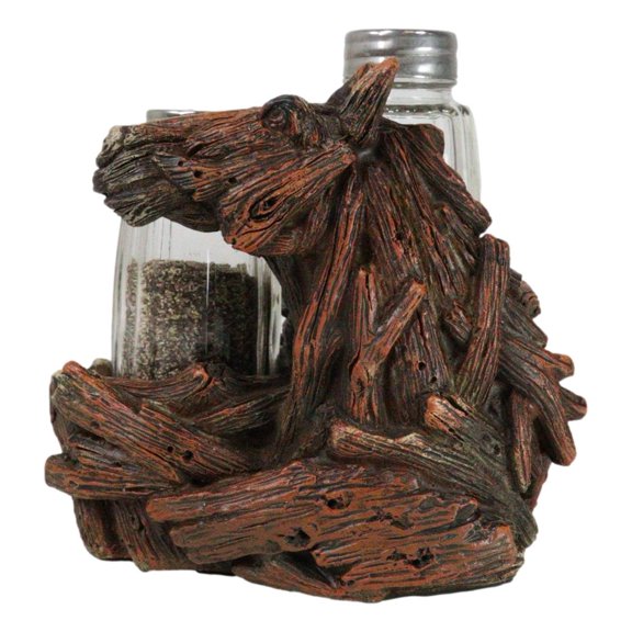 Western Wild And Free Faux Wood Tree Logs Horse Bust Salt Pepper Shakers Holder