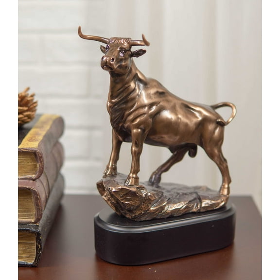 Western Wild Cattle Bull On Pride Rock Electroplated Resin Statue With Base