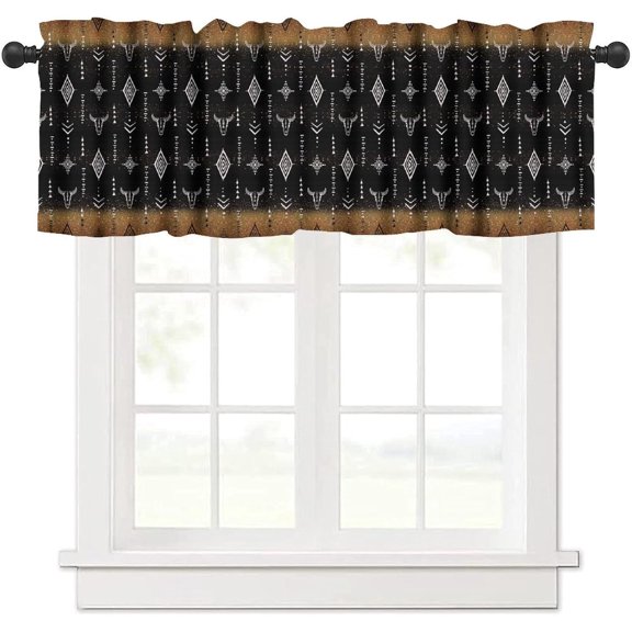 Western Window Curtain Valance, Vintage Tribal Bull Skull Horns Ethnic Native Aztec Cow Print Boho Aesthetic Abstract Window Valance for Farmhouse Kitchen Living Room Bedroom 54x18inch