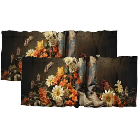 Western Window Curtain Valances Watercolor Flower Rustic Country Cowboy Boots Window Valance for Living Room Bedroom, Kitchen Valance Rod Pocket Window Curtain 54 by 18 in, 2 Panel