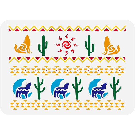 Western Wolf Stencil 8.3x11.7inch Sitting Howling Wolf Stencil South Western Sun Cactus Plants Template Standing Wolf with Moon Stencil Geometric Figures Drawing Border Stencil Colorful