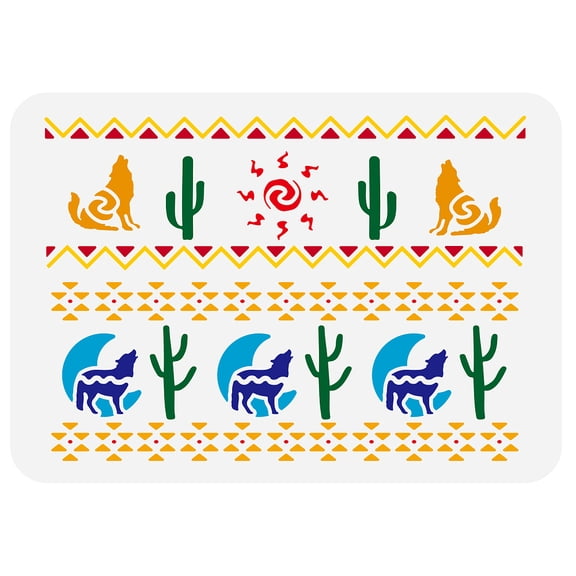 Western Wolf Stencil 8.3x11.7inch Sitting Howling Wolf Stencil South Western Sun Cactus Plants Template Standing Wolf with Moon Stencil