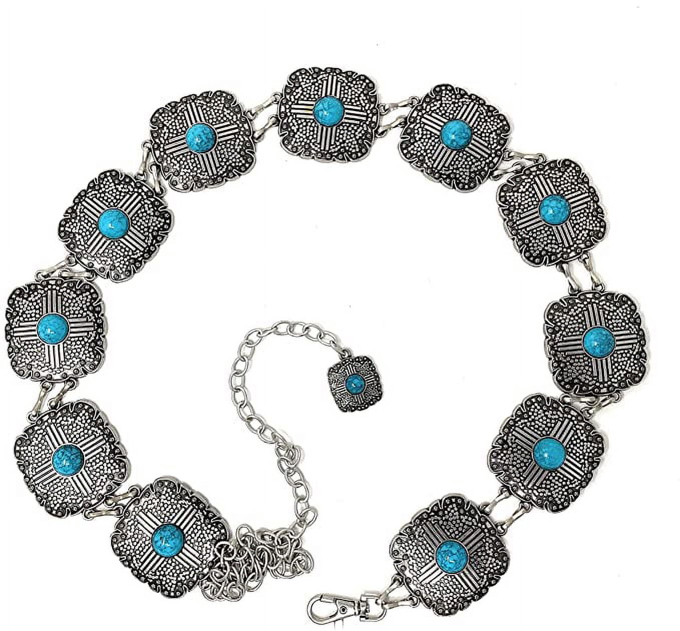 VTG Concho Southwest Dyed Agate Unisex Chain belt adjustable SUMMER WESTERN 29” Mini Conch Turquoise Chain Belt – The Bevel Label main image 4