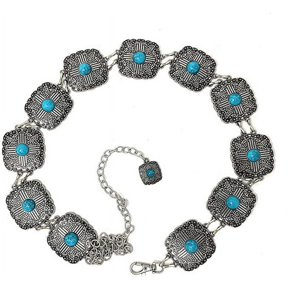 Western Women's Square Agate Stone Concho Chain Belt in 3 colors