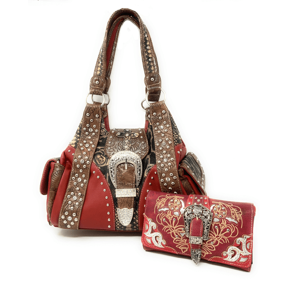Western Womens Floral Rhinestone Buckle Cross Handbag And Matching Wallet