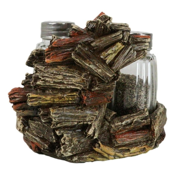 Western Woodland Forest Faux Wood Tree Logs Bear Bust Salt Pepper Shakers Holder