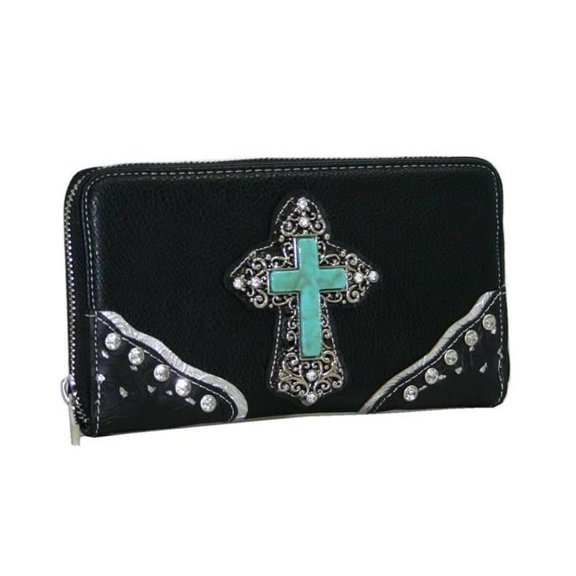 Western Zip Around Rhinestone Cross Wallet, Black