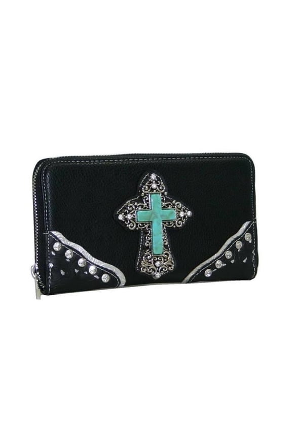 Western Zip Around Rhinestone Cross Wallet, Black