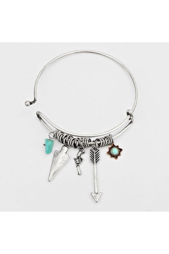 Western adjustable 7" silver arrow and turquoise stone charm bangle bracelet