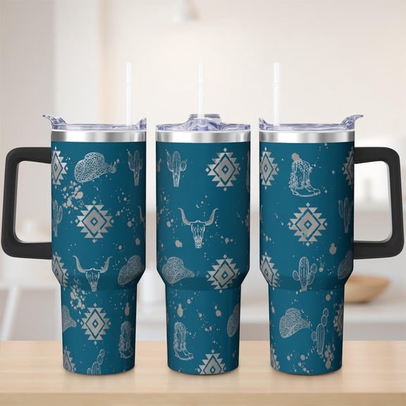 Western cowboy tumbler 40 oz tumbler with handle and straw 304 stainless steel travel cup coffee mug water bottle suitable as a gifts for women mom gifts gift for Western cowboy lovers