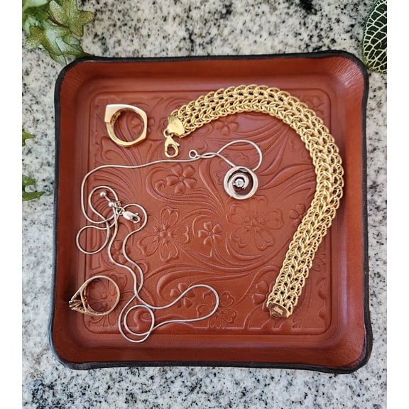 Western floral leather valet tray, premium 8 oz brown leather, embossed pattern