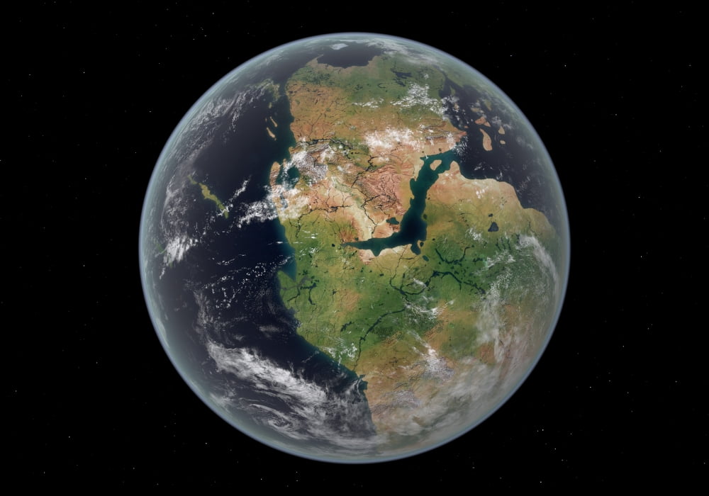 Western hemisphere of the Earth during the Early Jurassic period Canvas Art - Walter MyersStocktrek Images (34 x 24)