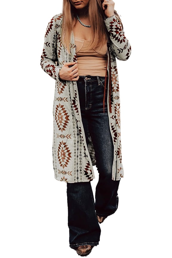 Western-inspired Aztec Print Cardigan - Long Open Front Design | [ZhiHiMeRi] | (US 8-10)M