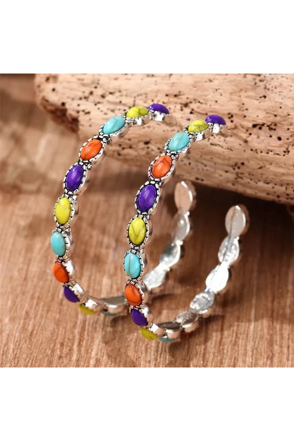 Pierced Hoop Turquoise, Multi-colored Stone Earrings, 2" Silver