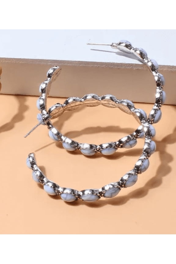 Western pierced 2" silver and white crackle stone hoop earrings