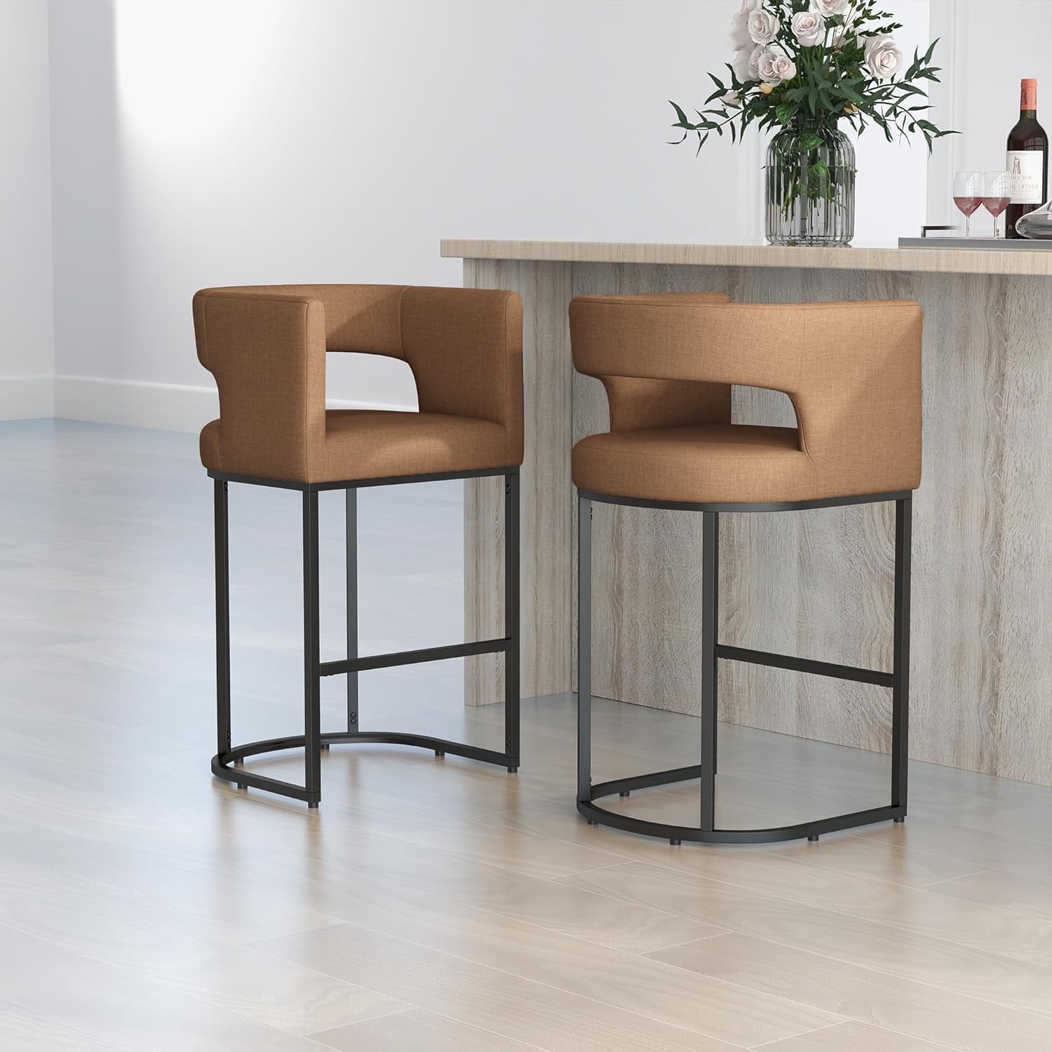 Westice 26" H Counter Height Bar Stools Set of 2, Modern Barral Counter Stools with Half-Moon Bakcrest, Arms & Black Metal Frame, Linen Fabric Upholstered Barstools for Kitchen Island, Brown